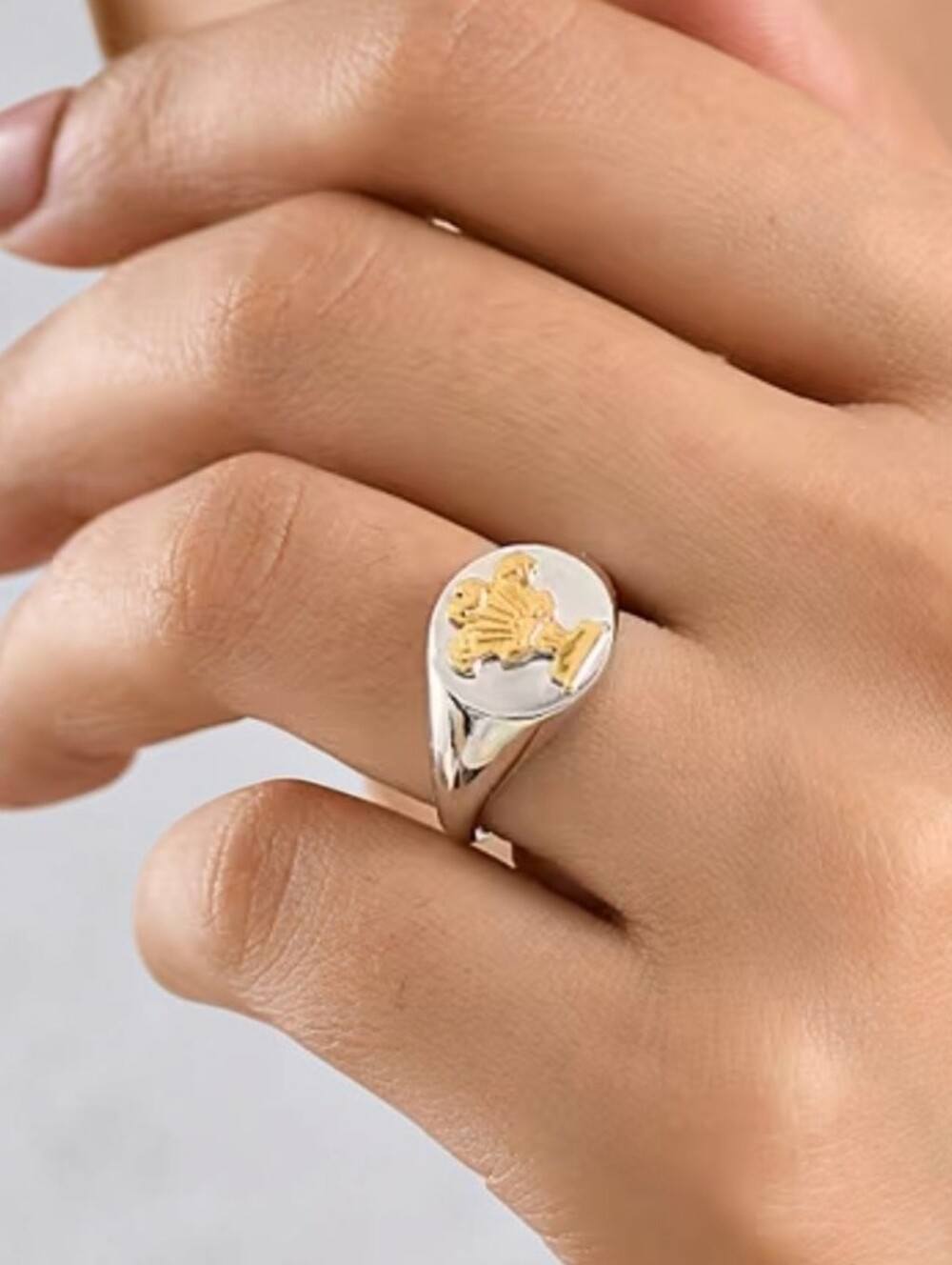 Rhodium & 14K YG Over Sterling Silver "Three Feathers" Signet Ring (Size 7.0) - Picture 4 of 5